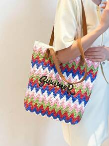 New Straw Woven Bag Women Large Capacity Shopping Tote Bag Striped Letter Beach Bag Embroidery Vacation Lightweight Oversized Bag