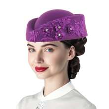 1pc Vintage European British Wool Felt Headdress Hat, Women's Church Derby Headpiece With Floral Decoration, Soft Beret Cap, High-End Stewardess Hat Suitable For Cosplay, Theme Party, Online Influencer Props