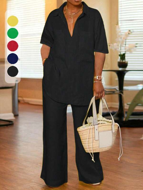 Plus Size 2 Pieces Set With Collar, Pocket Casual Loose Blouse + Long Loose Pants