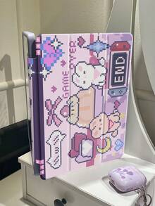 精致可爱的像素兔蝴蝶结双面亚克力透明水晶后盖，防震，适用于iPad 7、8、10代（10.2英寸），内置笔槽，支持睡眠/唤醒功能，可折叠支架，节日/新年礼物