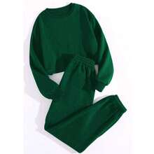 CUTE Conjunto de dos piezas de suéter de cuello redondo de unicolor de manga y pantalones largos de punto, casual, para otoño/invierno - Verde - Ver 2