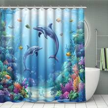 4 Peças Conjunto de Cortina de Chuveiro com Coral de Golfinho, Mundo Subaquático Azul com Peixes e Algas Marinhas, Inclui 12 Ganchos, Tampa de Assento Sanitário, Tapete em Forma de U Antiderrapante, Tapete de Banheiro e Acessórios de Banheiro Laváveis em Máquina Voltar às Aulas