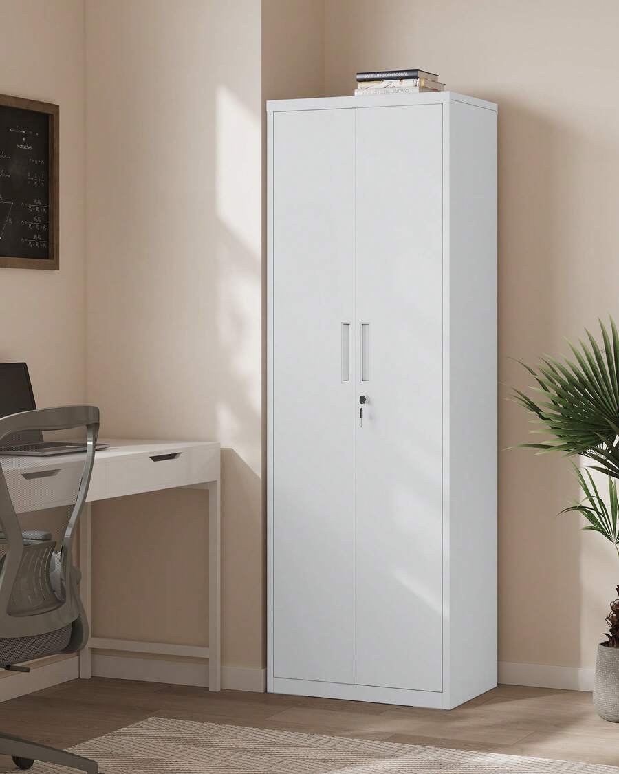 Meuble de Rangement Bureau, en Acier, Placard, 5 Niveaux, 40 x 60 x 180 / 40 x 80 x 180 cm, Doubles Portes, Serrure, Armoire à Outils, Étagères Réglables, pour Garage, Bureau, Gris Mat - Gris pâle - Voir 1