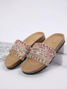 2025 Spring/Summer New Bohemian Rainbow Color Flat Sole Casual Slide Sandals, Comfortable Suitable For Leisure, Home, Indoor And Outdoor Use (Rivet Color Random) - Gold - View 4