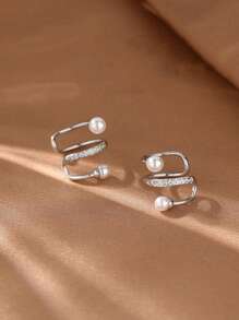 1 Pair Minimalist Fashionable Dual-Layer Zirconia Pearl Clip-On Earrings, Geometric Ear Cuff Non-Pierced High-End Design, Versatile Elegant Style Earrings For Women, Suitable For Everyday Wear, Summer And Beach