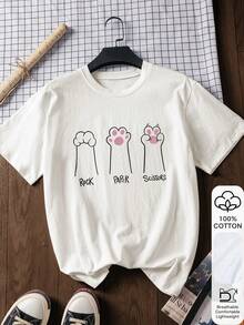 Women's 100% Cotton Cat Paw Print Short Sleeve T-Shirt, Summer - White - View 1
