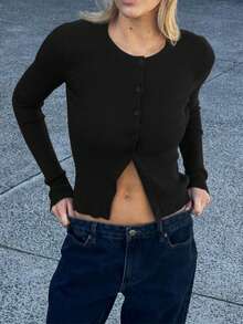 1pc Solid Color Ribbed Knit Button Front Long Sleeve Cardigan Sweater Top, Suitable For Dates, Holidays, Birthdays, Parties, Travel, Concerts, Everyday Wear, Early Autumn - Black - View 2