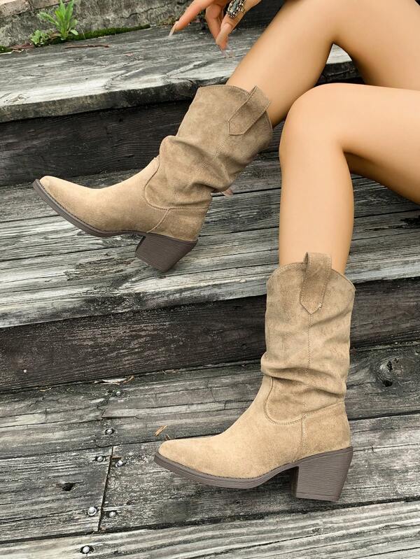Gothic Style Women's Denim Boots, Western Cowgirl Boots, Fashion Chunky Heel Mid-Calf Boots