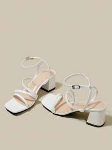 Women's Patent Leather White High Heel Sandals With Criss Cross Strappy Open Toe Chunky Heels, Lace Up Strap Sandals For Summer