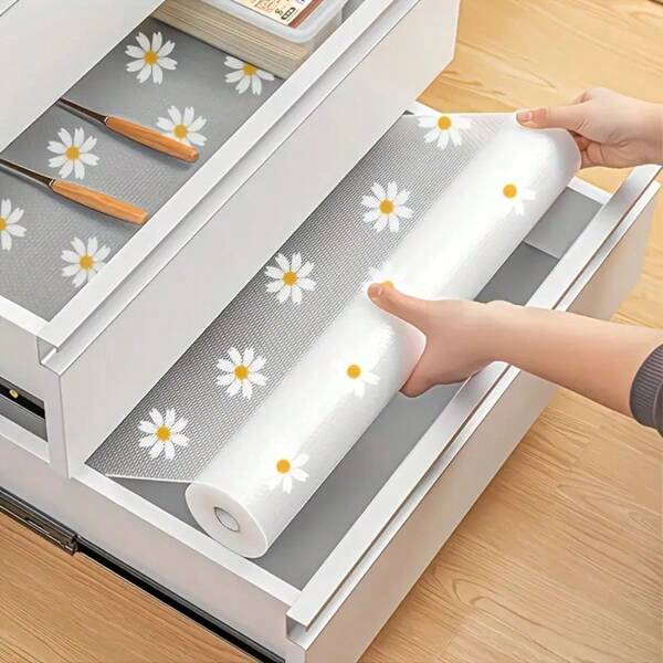 1 rolo de suporte para armário à prova d'água com design de margarida - Suporte de plástico fácil de limpar, à prova d'água, resistente a óleo, antiderrapante e durável | Pode ser cortado, adequado para organização de cozinha, geladeira, mesa e gaveta - Comprimento 300 cm/118,11 polegadas, largura 30 cm/11,81 polegadas, padrão floral durável e moderno, organização de cozinha | Caixa de armazenamento moderna | Textura antiderrapante, armazenamento e armazenamento de cozinha.