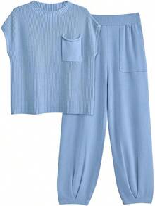 2 Piece Knit Sets Women Sweatsuit Sets - Baby Blue - View 1