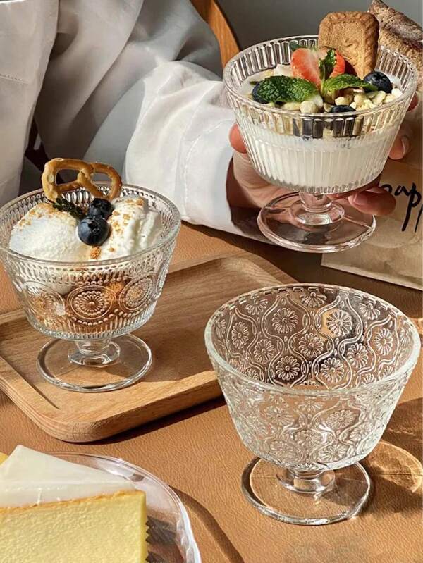 Retro Embossed Sunflower Glass Cup, Ins Style Household Ice Cream And Popsicle Bowl, Yogurt And Oatmeal Breakfast Dessert Bowl.