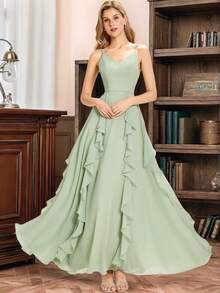 EVERPRETTY Flowy Ruffle V-Neck Sage Green Bridesmaid Dress, Suitable For Weddings, Birthdays, Formal Occasions - Mint Green - View 6