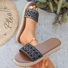 Plus Size Thick Sole Wedge Slippers For Women, Cross-Border Mid Heel Linen Straw Woven Flat Sandals, Bohemian Ribbons, Women Casual Beach Vacation Holiday Wedding Party Outdoor Sandals, Summer