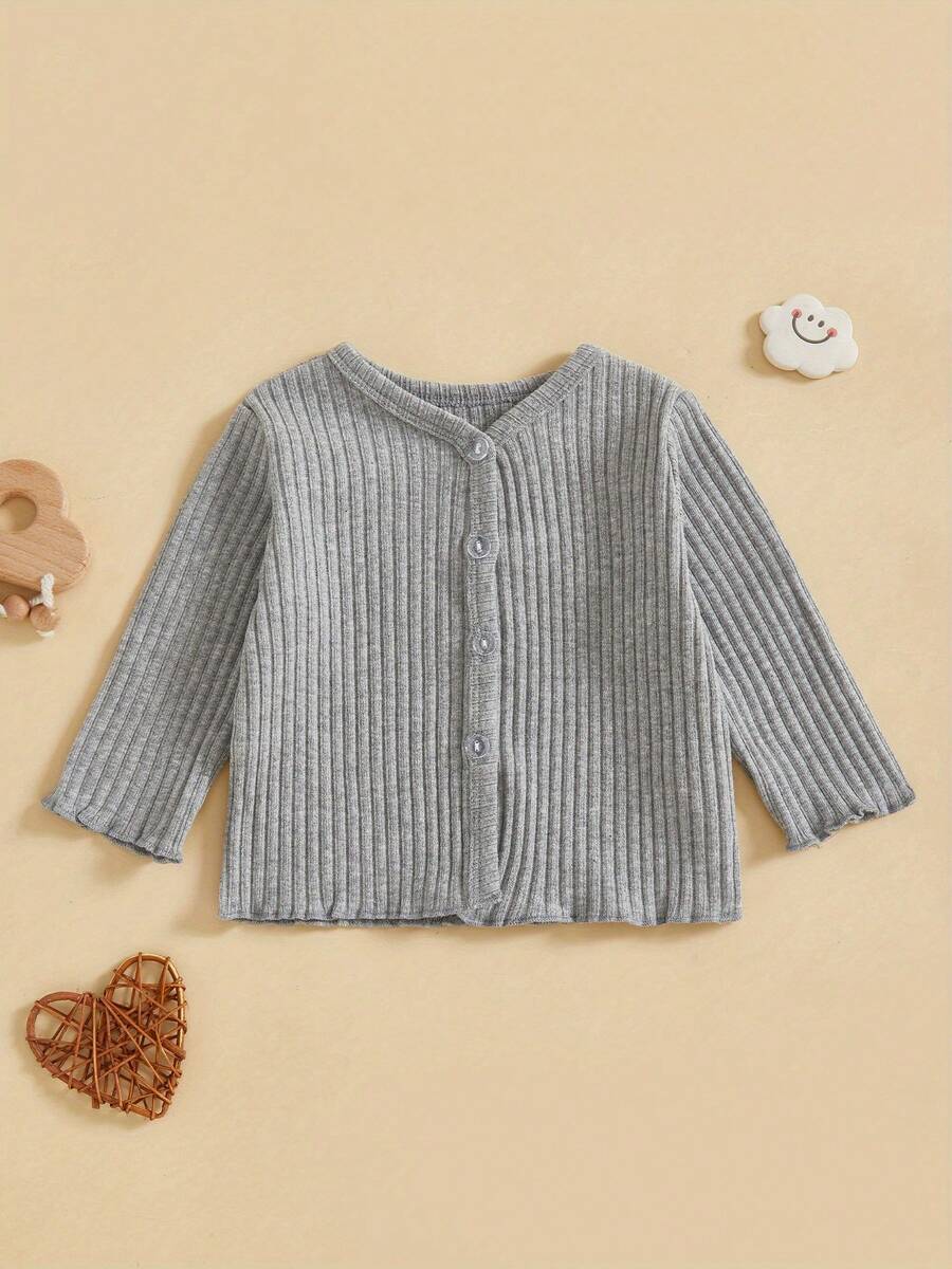 Suéter de manga larga para niñas pequeñas, informal, de color sólido, con botones en la parte delantera, cárdigan de punto para bebés, ropa cálida para niños pequeños - Gris - Ver 1