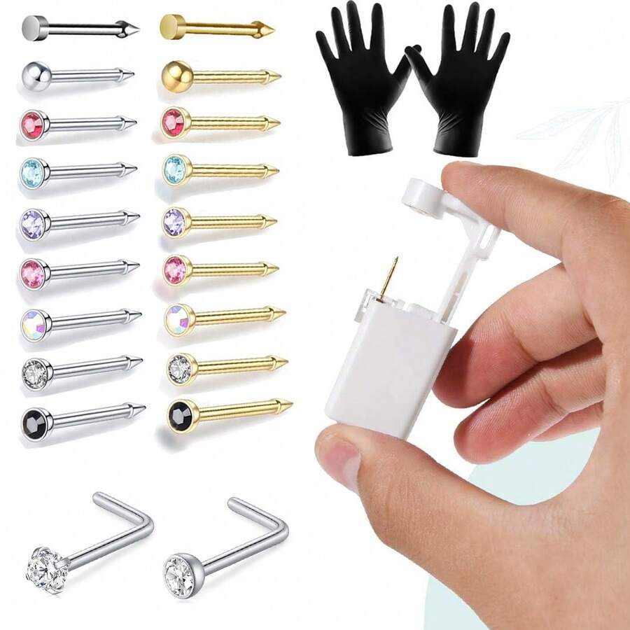 Nose Piercing Kit,Disposable Self Nose Piercing Gun With 2Pcs Nose Rings Studs, At Home Nose Percinging Kit Gun Tools - White - View 1