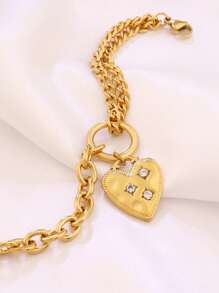 1 pièce Bracelet pendant cœur en acier inoxydable pour femmes, design de mode avec charms en zircone, chaîne de bracelet étanche, bijoux