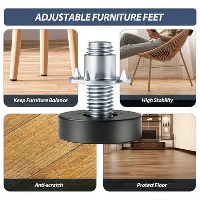 Furniture Leveling Feet With T-Nut Thread - Adjustable Furniture Foot Levelers, Furniture Leg Levelers, Table Foot Screw Fixing For Chairs, Stool Legs, Cabinets, Sofas, Furniture Adjustable Foot Pads & Four-Claw Nut Adjustment Feet