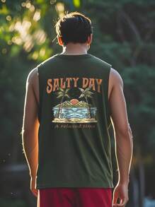 Camiseta de tirantes casual de cuello redondo con impresión de letras y palmeras para hombre