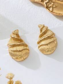 1 Pair Minimalist Seashell Textured Stud Earrings, Suitable For Beach Vacation/Daily Wear, Gold Jewelry