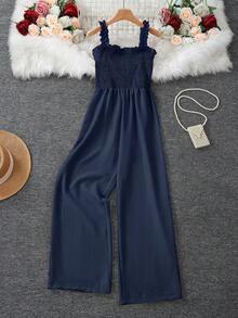 Women's Solid Color Ruffle Strap Sleeveless Jumpsuit Summer Elegant - Blue - View 2