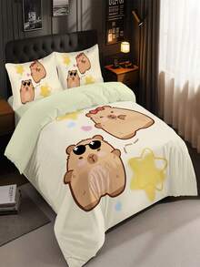 4pcs "Cool Otter" Themed Comforter Set, School/Seasonal Print, College Style Bedding Set For Single Dorm/Children Bed, Boys & Girls