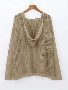 Plus Size Women's Solid Drop Shoulder Long Sleeve Hollow Out Hooded Sweater - Khaki - View 5