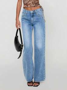 High-Waisted Rivet & Rhinestone Decor Skinny Black Jeans For Women, Slimming Straight-Leg Denim Pants - Light Wash - View 3