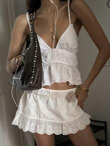 White Floral Eyelet Mini Skirt Women A-Line High Waisted Skirt Boho Embroidered Cotton Bottoms Sexy Festival Outfits Casual Party For Autumn - trắng - Xem 4