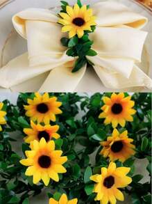 2pcs/6pcs/12pcs/Pack Sunflower & Leaf Evergreen Vine Napkin Rings, Decorative Napkin Rings Suitable For Birthday, Farm, Wedding, Restaurant, Hotel, Valentine's Day, Banquet, Buffet Table Decor, Party Supplies, Home & Kitchen Table Decor