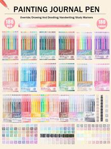 Languo 213 Pcs 1 Set High Capacity Color Neutral Pen Gel Pen Acrylic Paint Markers Pens, Student Painting Drawing 207 Colors Color Handbook Pen, Painting Graffiti Outline Can Be Stacked Color Fine Tip Neutral Pen 0.6mm, 24 Color System Set Candy Color Morandi Color Cute Stationery Pen