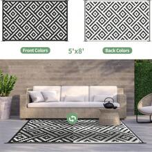 Tappeto da esterno impermeabile 9*12 ft, tappeto in plastica reversibile, tappeto da esterno moderno, grande tappeto da esterno per patii, camper, patio, giardino, terrazza, picnic, spiaggia, campeggio, nero e bianco