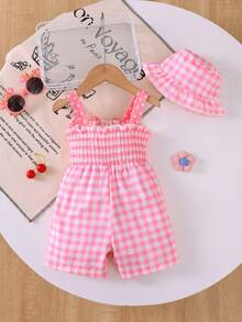 2 件套女婴休闲时尚樱桃刺绣粉色格子连体衣配围兜和圆帽套装，夏季度假风格 - 粉色 - 查看 2