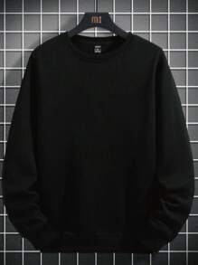 Plus Size Men's New Crew Neck Streetwear Sweatshirt, High Quality , Black Sweatshirt, , Fashionable And Versatile Black Sweatshirt, Retro Men's Sportswear, Street Wear Y2K Style, Suitable For Daily Wear, Fall, Long Sleeve Top - Black - View 3