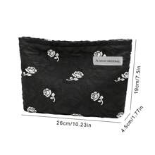 Rose Flower Print Cosmetic Bag, Large Capacity Portable Fresh Floral Patterned Toiletry Organizer, Textured Makeup Pouch