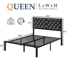Estructura de cama Queen Gunji con cabecero acolchado, estructura de cama metálica de plataforma con almacenamiento debajo de la cama, sistema de soporte totalmente metálico, sin necesidad de caja de resortes, sin ruido, fácil montaje, gris oscuro