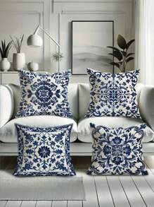 1/4pcs Bohemian Blue And White Floral Throw Pillow Covers, Modern Style, Polyester Single Side Print, Zipper Closure, Machine Washable, Polyester Decorative Cushion Cover, Suitable For Living Room, Bedroom, Sofa, (Pillow Core Not Included),Fall Decor,Autumn Decor,Room Decor - Blue - View 4