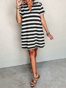 2-Color Striped V-Neck Short Sleeve Casual Vacation Dress With Pockets - Black - View 3