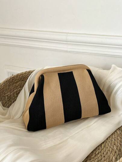 Women's Geometric Stripe Crochet Clutch Handbag, Makeup Cosmetic Bag For Shopping, Travel, Dorm