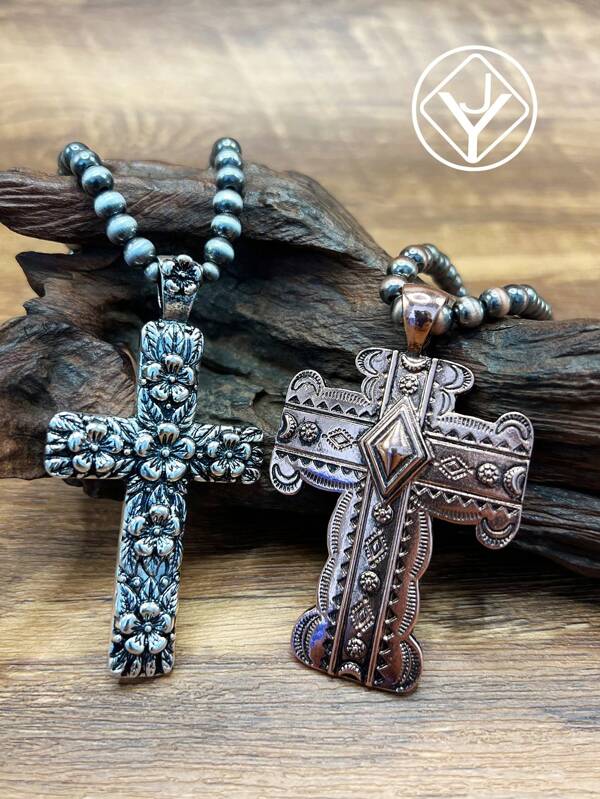 Fashionable Vintage Western Country Style Imitation Pearl CCB Beaded Chain/Metal Chain Cross Pendant, Suitable For Women/Girls To Match Daily Outfits, Party Accessories, Jewelry Gift For Family/Friends/Yourself