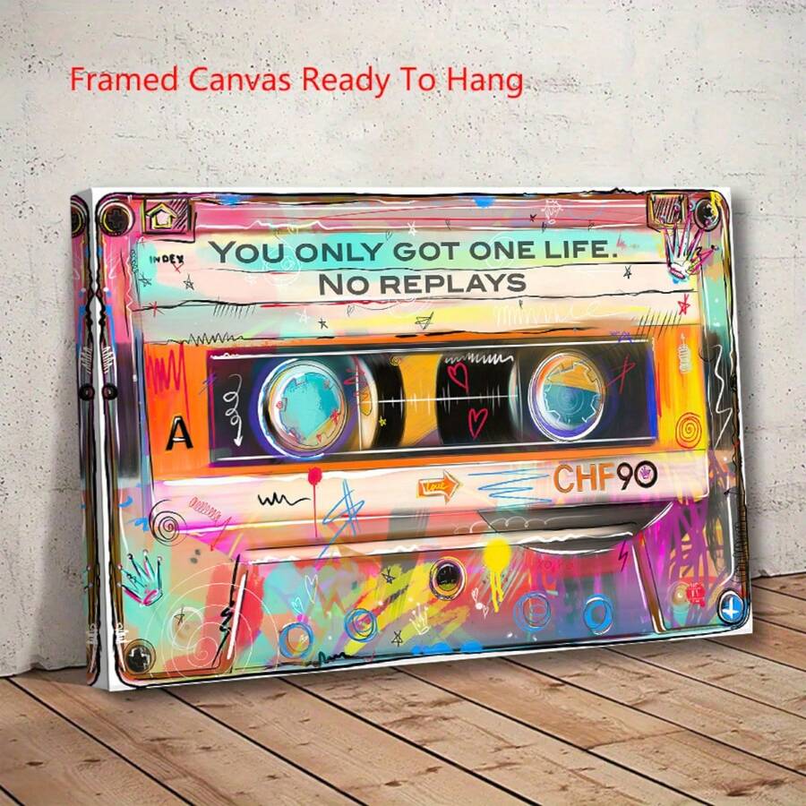 1 Tranh nghệ thuật băng cassette cổ điển thập niên 80, tranh treo tường bằng vải canvas với dòng chữ "You Only Live Once" (Bạn chỉ sống một lần), áp phích âm nhạc trừu tượng sống động, sẵn sàng treo trang trí cho phòng khách, phòng ngủ, văn phòng, quán cà phê - Món quà lý tưởng, trang trí tường quán cà phê | Nghệ thuật độc đáo | Tranh in trên vải canvas hiện đại, tranh treo tường khổ lớn, phẳng 2D, hoàn hảo cho trang trí phòng. - Nhiều màu - Xem 1