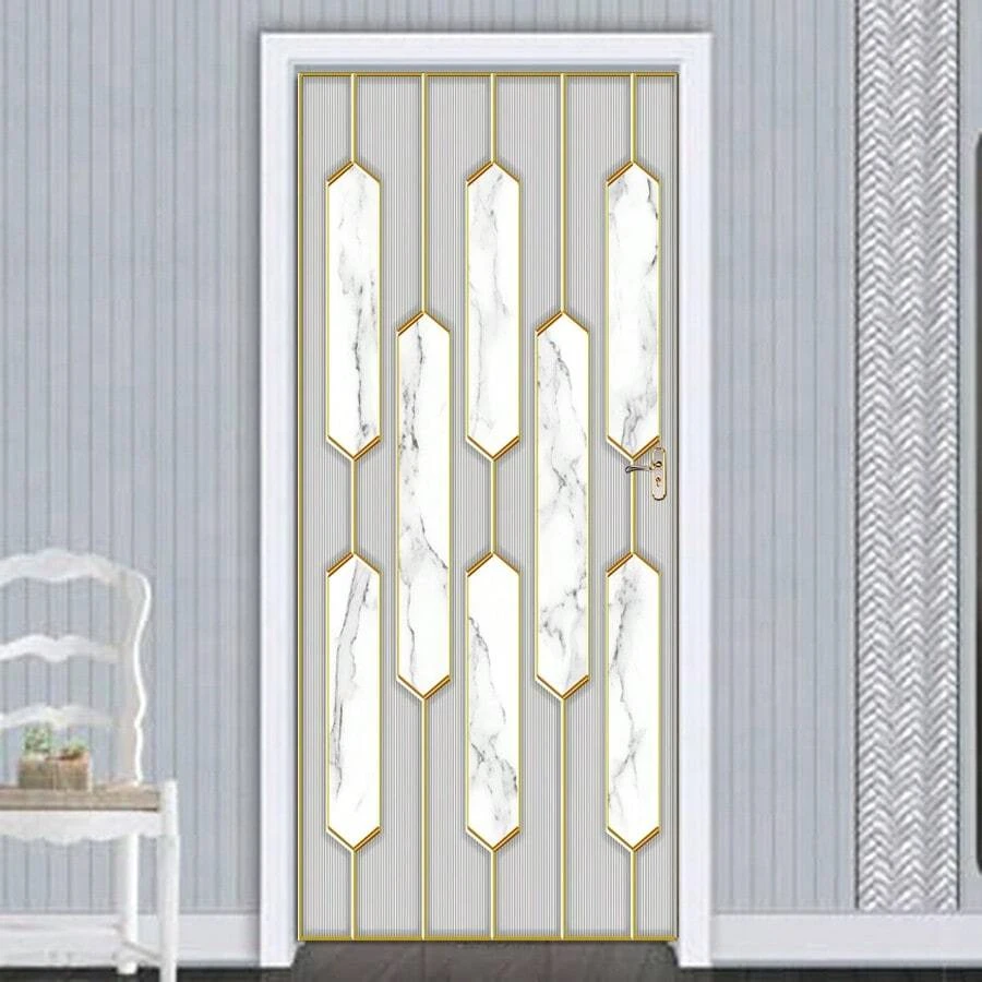 1/2pcs White Marble Pattern Gold Line Removable Door Wall Sticker, Minimalist Creative Geometric Design, Self-Adhesive Waterproof Door Wall Decor For Bedroom, Living Room