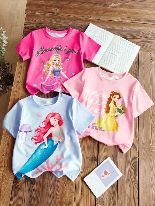 Chatreadl 3 piezas Blusas de manga corta con cuello redondo con estampado de dibujos animados lindos para niñas, suaves y cómodas, para verano