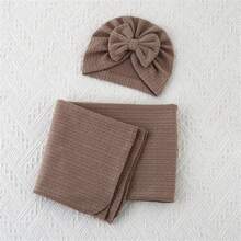 Newborn Baby Swaddle Blanket Set With Big Bow Hat, 1pc Hat And 1pc Wrap - Multicolor - View 6