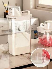 1 pieza Recipiente de almacenamiento transparente a prueba de humedad, multifuncional, a prueba de fugas con taza medidora, para detergente de ropa