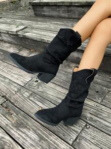 Bottes mi-mollet à talon compensé épais pour femmes, nouveauté 2025. Bottes fuselées vintage plissées, bottes d'équitation grande taille, bottes hautes à bout pointu et talon haut, bottes style western