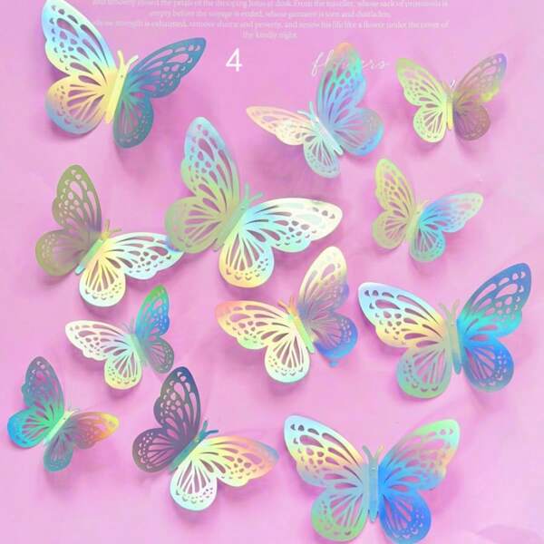 Valentine's Day Party Iridescent Butterfly Wall Stickers, PVC Plastic Butterfly Decorations 12pcs/Set, Party Supplies For Valentine's Day & Christmas Wall Decor Room Decor