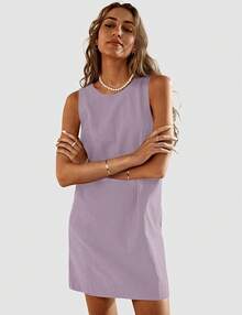 UEU Womens Summer Sleeveless Linen Dress Casual Crew Neck Open Back Short Sundress With Pockets - Purple - View 3