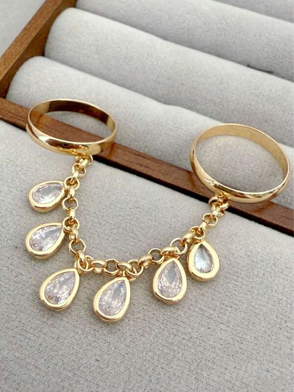 1pc Fashion Copper Inlaid Square Cubic Zirconia Connected Finger Ring, Sparkling Tassel Chain Necklace For Women, Luxurious Gold Jewelry Suitable For Daily, Wedding, Party Accessories, Wedding Season Gift