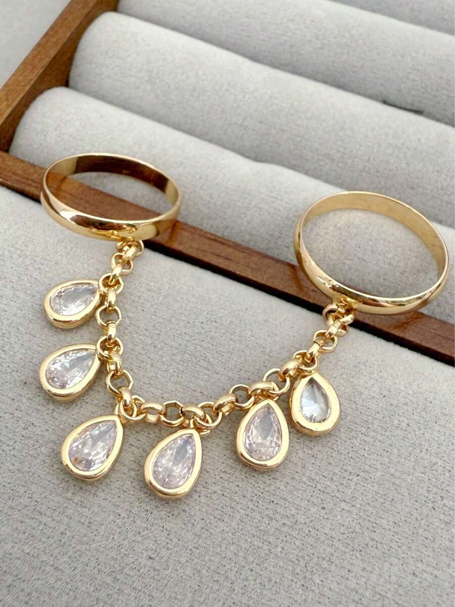 1pc Fashion Copper Inlaid Square Cubic Zirconia Connected Finger Ring, Sparkling Tassel Chain Necklace For Women, Luxurious Gold Jewelry Suitable For Daily, Wedding, Party Accessories, Wedding Season Gift - Gold - View 1